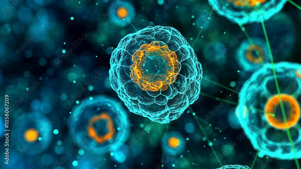 Poster a 3d rendering of a cell with an orange nucleus