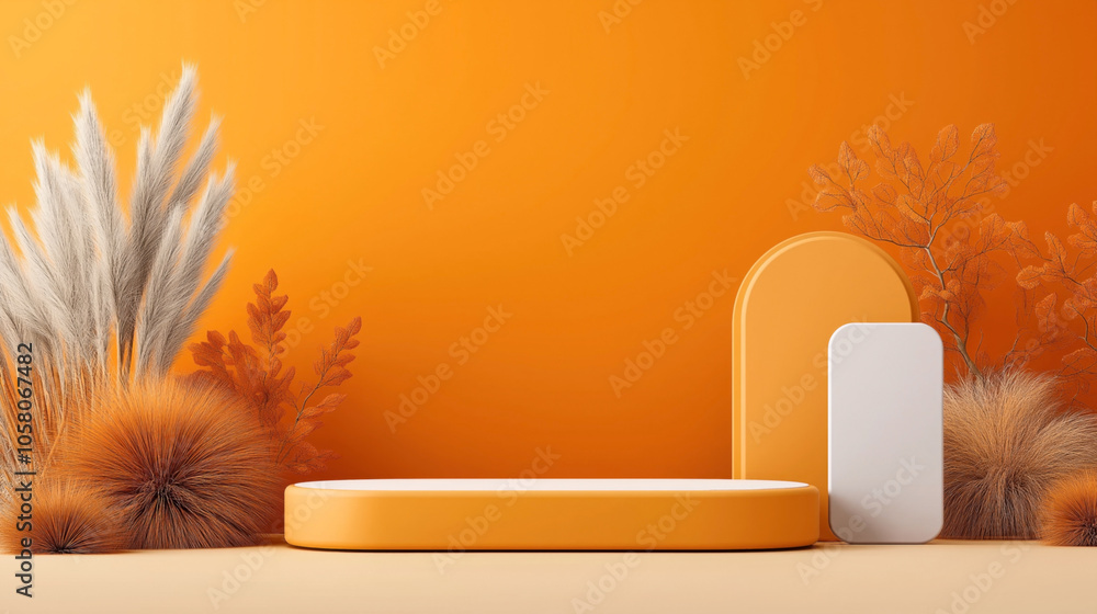 Wall mural modern abstract composition with geometric shapes and dried botanical elements on an orange backgrou