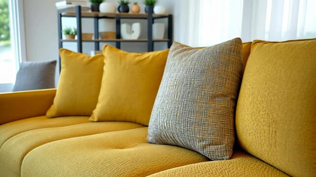 A yellow couch with patterned pillows sits in a bright living room