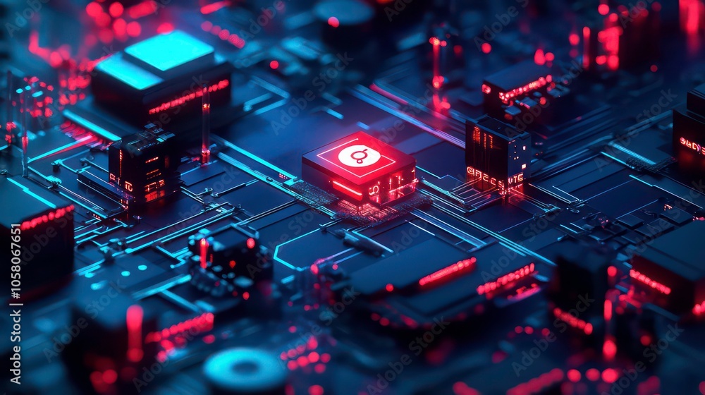 Aufkleber a red glowing cube with a location pin icon on a futuristic circuit board.