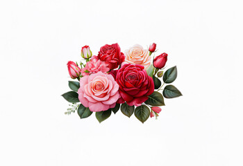 A bouquet of pink and red roses with green leaves and buds against a white background.
