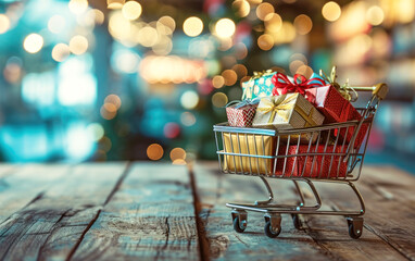 Shopping cart filled with Christmas gifts on a background with blurred Christmas lights. Online shopping concept