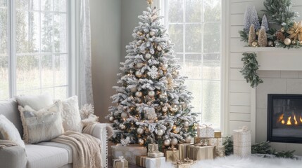 decorated Christmas tree stands in a bright room, surrounded by snow-like decorations and presents, enhancing the festive atmosphere.