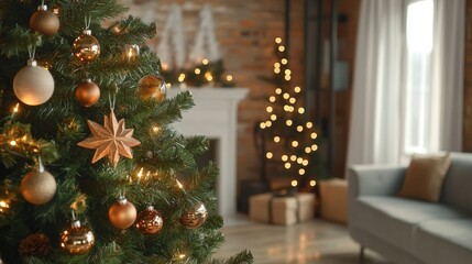 decorated Christmas tree adorned with ornaments and lights, set against a cozy indoor window