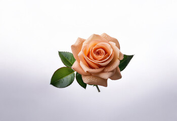 Naklejka premium A single peach rose with green leaves against a white background.