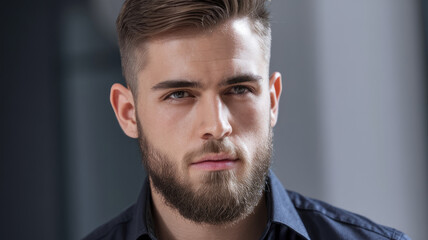 Fototapeta premium A man with a beard and a blue shirt is looking at the camera. He has a serious expression on his face