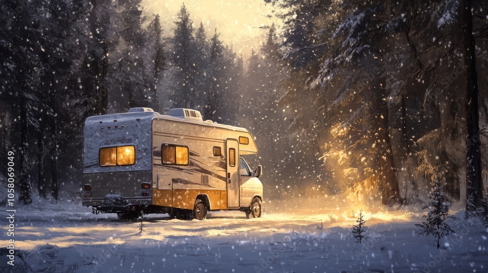 Poster a spacious camper stands still in a serene, snow-blanketed forest as sunlight filters through the tr