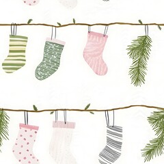 Minimalist Watercolor Stockings Hanging from Pine Branch