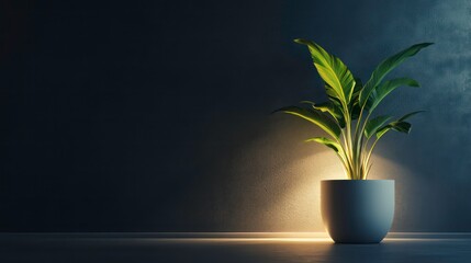 A single potted plant with large green leaves illuminated by a spotlight against a dark background.