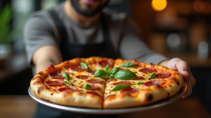 Fresh pepperoni pizza served on a tray with basil garnish