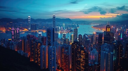 Fototapeta premium A breathtaking view of a city skyline at dusk, with skyscrapers illuminated against a blue and orange sky.