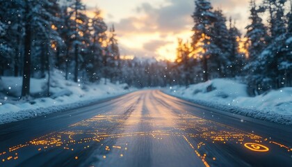 Taking a winter road trip with glowing AR route maps and navigation, cozy outdoor snowy road, soft natural lighting, photorealistic