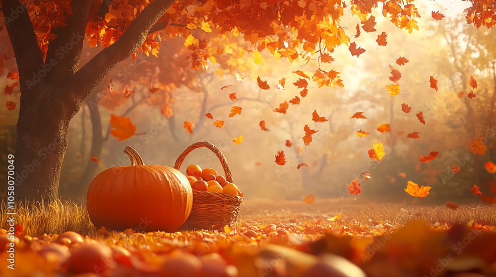 Aufkleber a large pumpkin sits beside a wicker basket filled with apples under a tree with falling leaves in a