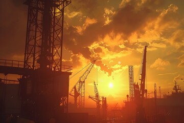 Obraz premium vivid sunset over a bustling shipyard with silhouetted gantry cranes