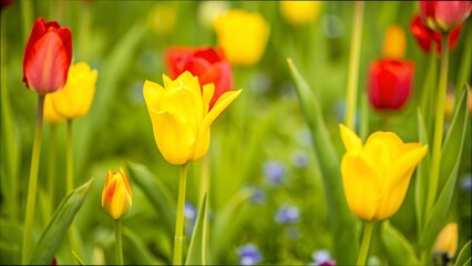 Fototapeta premium A vibrant field of yellow and red tulips, creating a stunning floral backdrop in full bloom.