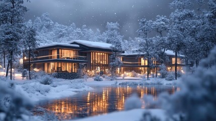 Fototapeta premium Visiting a winter lodge with glowing AR interactive tour features, serene snowy landscape, soft ambient lighting, photorealistic
