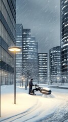 A man operates a powerful snow blower to remove heavy snow from a car park and street following a significant winter storm