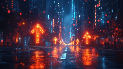 Glowing arrows pointing upwards, the background is a cityscape with skyscrapers and neon lights