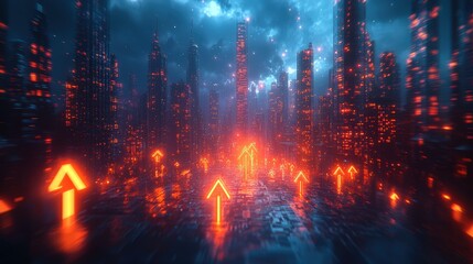 Naklejka premium Glowing arrows pointing upwards, the background is a cityscape with skyscrapers and neon lights