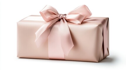 A beautifully wrapped beige gift adorned with a soft pink ribbon, presented on a clean white background for any special occasion