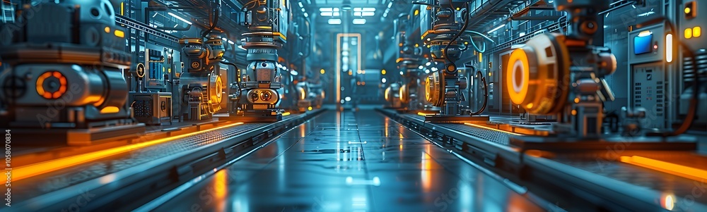 Poster a high-tech corridor filled with illuminated machinery and a futuristic ambiance, showcasing a blend