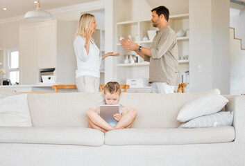 Girl child, tablet and parents fighting in home or argument of toxic family with daughter or internet distraction. Divorce, angry people or kid playing games on touchscreen for help, escape or trauma