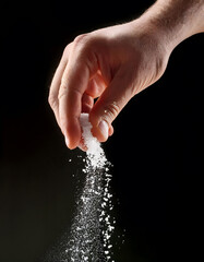 A hand holds some salt with its fingertips and sprinkles it on the surface on a black background