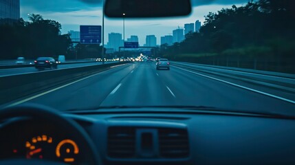 View from the driver's seat of a car on a highway at dusk with a city skyline in the background.