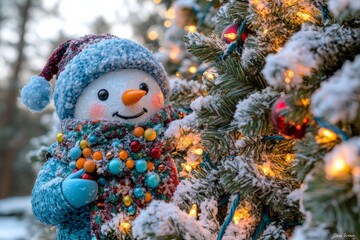 Obraz premium Cheerful snowman in blue knit hat and scarf holding a holiday wreath with berries set in a snowy forest background exuding whimsical holiday warmth and joy