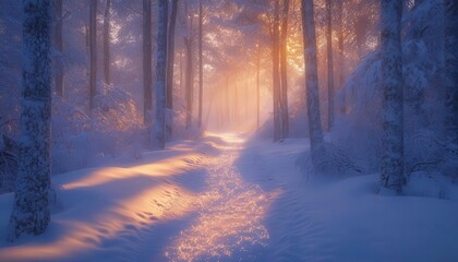 Winter hiking with glowing AR trail guides, serene snowy forest, soft ambient lighting, photorealistic