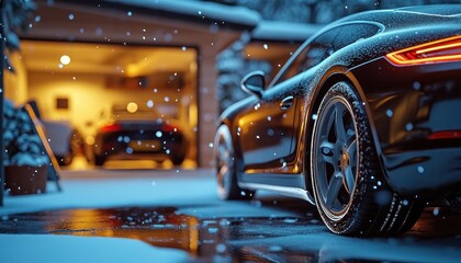 Fototapeta premium Winterizing the car with glowing AR vehicle care guides, cozy garage setting, soft ambient lighting, photorealistic