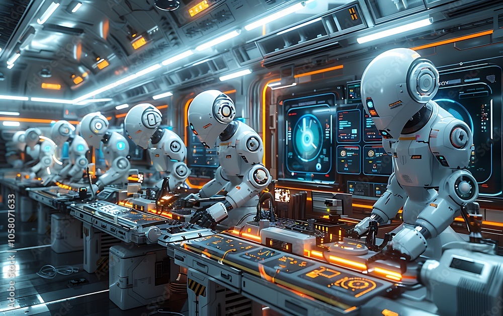 Aufkleber A futuristic scene showing robots working in a high-tech lab, equipped with advanced technology and illuminated by bright LED lights.