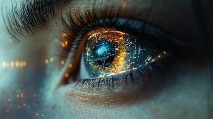 Close-Up of Futuristic Augmented Eye: Advanced Technology and Innovation in Vision Enhancement for Future Concepts
