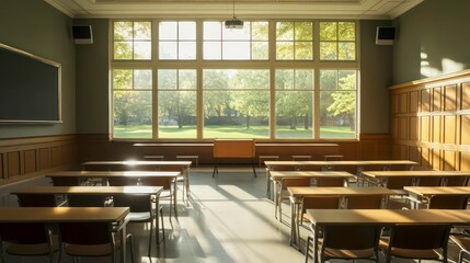 Empty classroom with large windows overlooking a park with sunlight streaming through.
