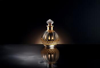 A clear glass bottle with a gold trim and a clear crystal stopper sits on a reflective black surface. The bottle reflects light, creating a golden glow on the surface below.