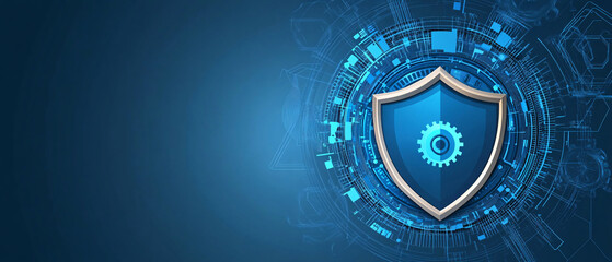 Fototapeta premium Cybersecurity Shield Protection Concept with Gear Icon on Blue Tech Background, Cybersecurity Shield Protection Concept with Gear Icon on Blue T