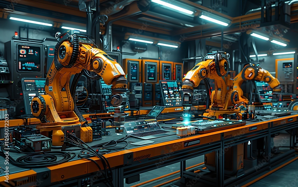 Aufkleber a futuristic industrial setting featuring robotic arms assembling parts on a well-lit production lin