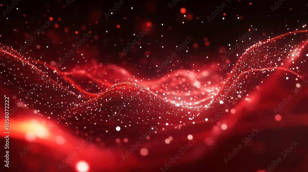 Poster abstract red digital wave with glowing particles.