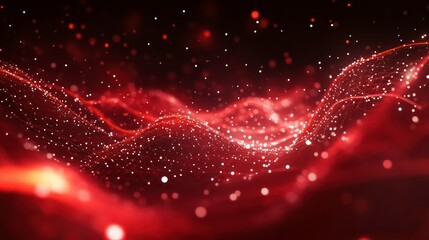 Abstract red digital wave with glowing particles.