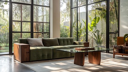 Cozy Modern Living Room with Neutral Tones, Stylish Decor, and Elegant Architecture- generative ai