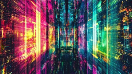 Fototapeta premium Futuristic neon digital matrix with vibrant geometric patterns and dynamic light effects