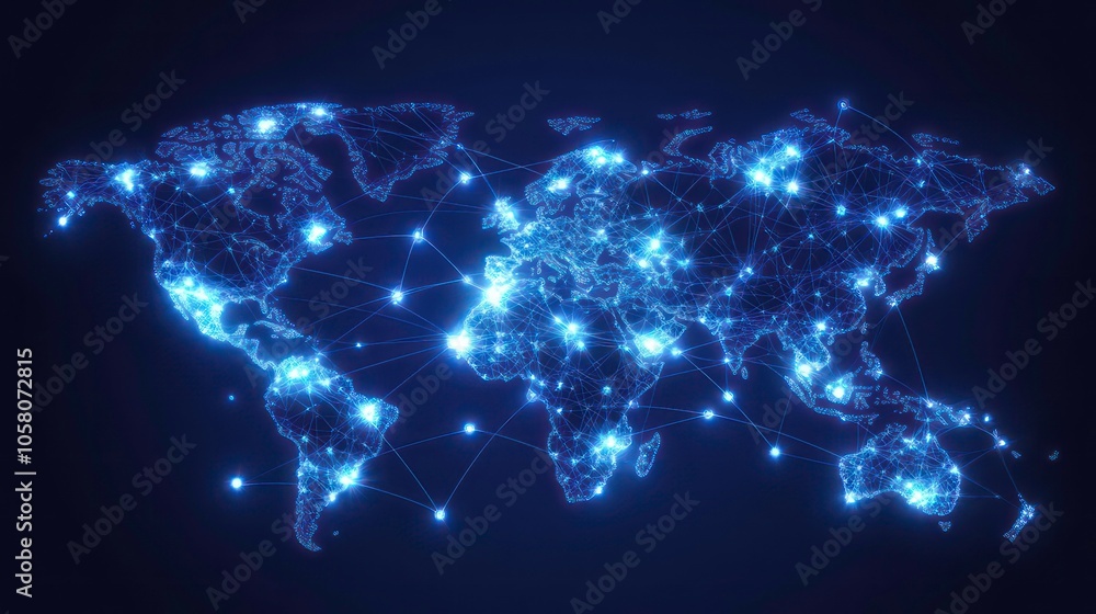 Poster a glowing blue world map with connected lines representing global connectivity and communication.