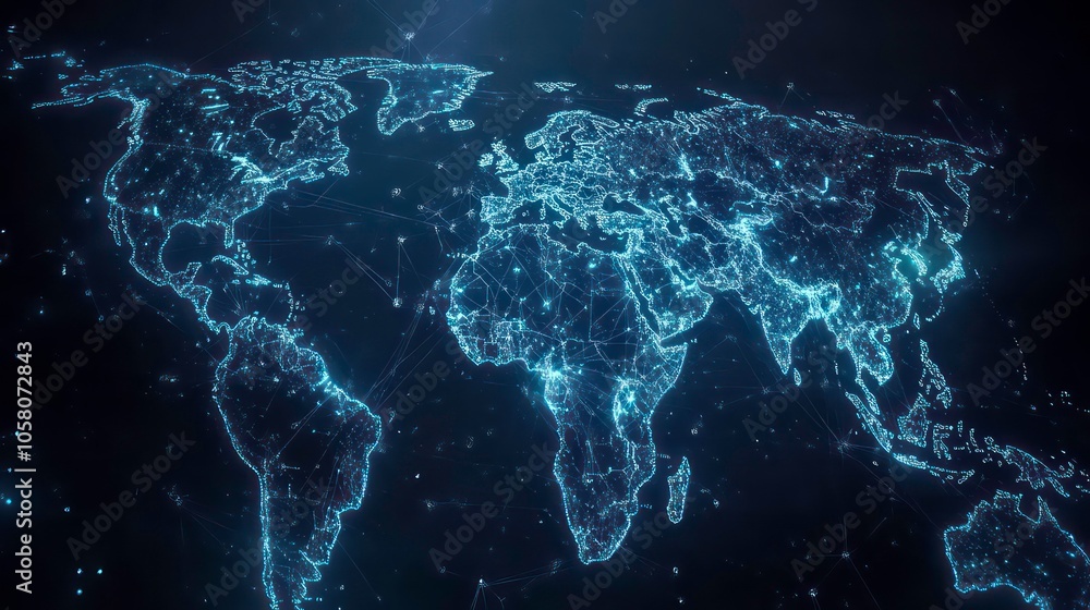 Poster a glowing blue digital map of the world with a network of lines and dots connecting continents.