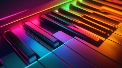 Close-up of a colorful piano keyboard with vibrant neon lighting.