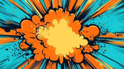 Abstract comic book style explosion with orange and blue colors.