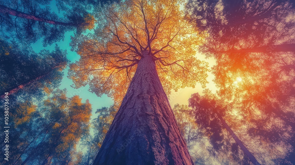 Poster looking up at a tall tree in a forest with a colorful sky.