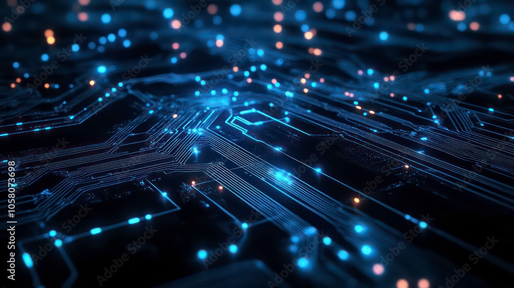 Aufkleber abstract digital circuit board with glowing blue lines and points of light.