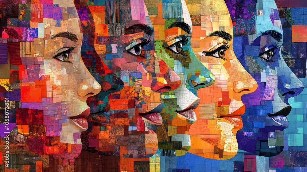 Poster a colorful abstract portrait of five female faces side by side. each face is made up of a mosaic of 