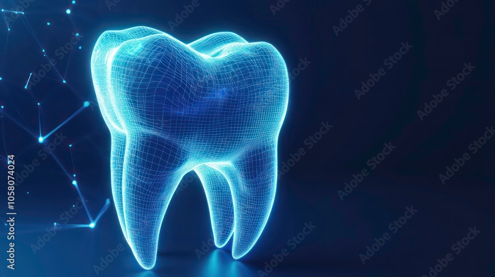 Poster a glowing blue wireframe tooth with a digital pattern in the background.