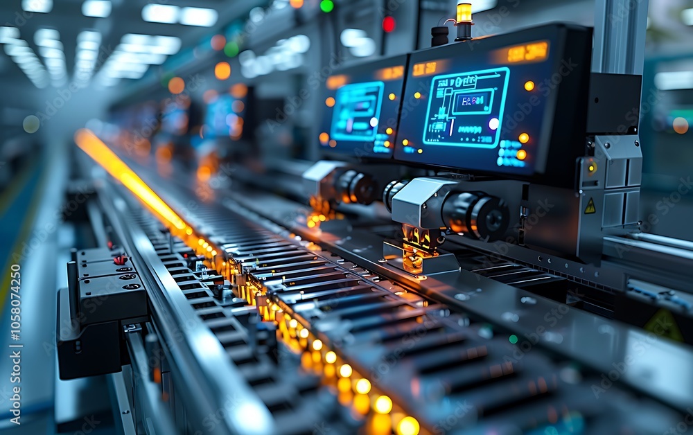 Poster a close-up view of a modern manufacturing line featuring digital displays and illuminated machinery,